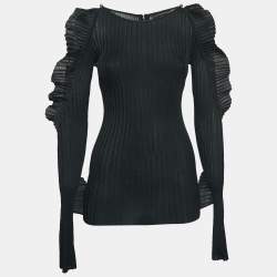 David Koma Black Rib Knit Ruffled Sleeve Bodycon Mini Dress S