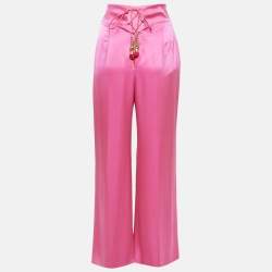 David Koma Pink Satin Lace-Up Detail Wide Leg Trousers S