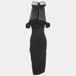 مملوكة مسبقًا فستان بقصة العنق مزين ديفيد كوما كريب أسود مقاس صغير - سمول