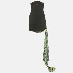 Pre Owned David Koma Black/Green Floral Print Crepe & Jersey Strapless Mini Dress S