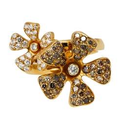 DeBeers Wildflower Diamond 18K Yellow Gold Double Flower Ring Size 54