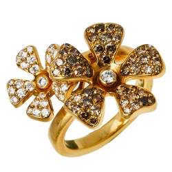 DeBeers Wildflower Diamond 18K Yellow Gold Double Flower Ring Size 54