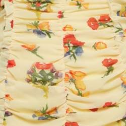 Pre Owned فستان دي لا فالي ماكسي كريب مزخرف بطبعة زهور صفراء مكشكش مقاس متوسط (ميديام)