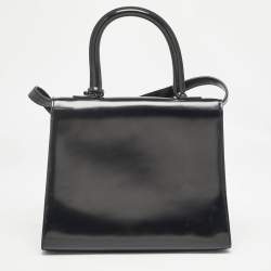 Delvaux Black Glossy Leather Brillant Sellier MM Top Handle Bag