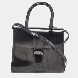 Delvaux Black Glossy Leather Brillant Sellier MM Top Handle Bag