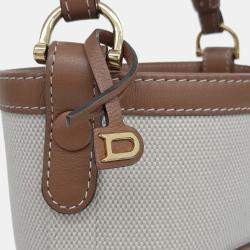 Pre Owned Delvaux Brown White Fabric and Leather Pin Mini Bucket Bag & Strap