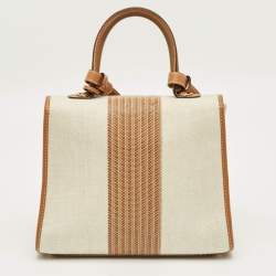 Pre Owned Delvaux Brown/Beige Leather and Raffia Brillant Top Handle Bag