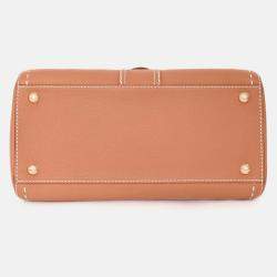 Pre Owned Delvaux Brown Leather Stitch Detail Le Brilliant MM Top Handle Gold Hardware with Strap