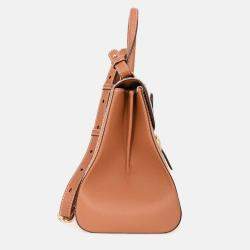 Pre Owned Delvaux Brown Leather Stitch Detail Le Brilliant MM Top Handle Gold Hardware with Strap