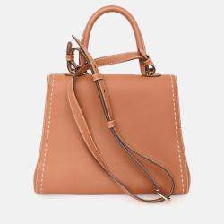 Pre Owned Delvaux Brown Leather Stitch Detail Le Brilliant MM Top Handle Gold Hardware with Strap