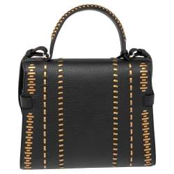Pre Owned Delvaux Black Tribal Stitch Leather MM Le Tempête Top Handle Bag