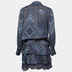 مملوكة مسبقًا  طقم بلوزة وفستان ديريك لام  10 كروسبي حرير أزرق مطبوع طبقات  M 