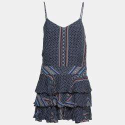 مملوكة مسبقًا  طقم بلوزة وفستان ديريك لام  10 كروسبي حرير أزرق مطبوع طبقات  M 