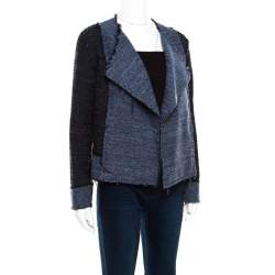 10 Crosby Derek Lam Navy Blue and Black Textured Raw Trim Detail Open Front Jacket S