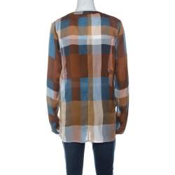 Derek Lam Brown & Blue Silk Check Draped Cross Over Front Blouse L