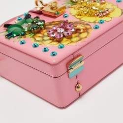 Pre Owned Dolce & Gabbana Pink Floral Crystal Embellished Leather Dolce Box Bag