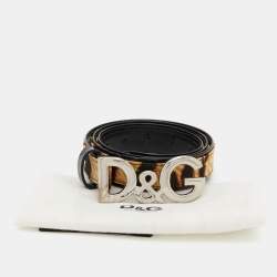 D&G Brown/Black Leopard Print Canvas and Patent Leather Logo Buckle Belt 85 CM