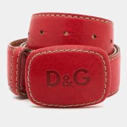 Pre Owned D&G Red Leather Logo Buckle Belt 90 CM