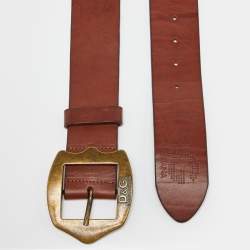 Pre Owned D&G Dark Brown Leather Logo Buckle Wide Belt 90CM