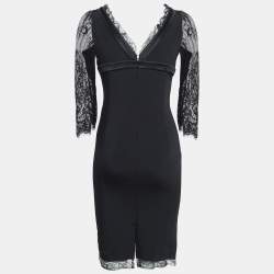 D&G Black Stretch Crepe Lace Trim V Neck Mini Dress S