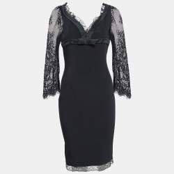 D&G Black Stretch Crepe Lace Trim V Neck Mini Dress S