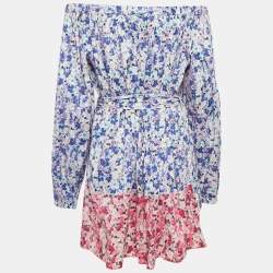 Pre Owned D&G Purple Floral Print Cotton Belted Off Shoulder Mini Dress S