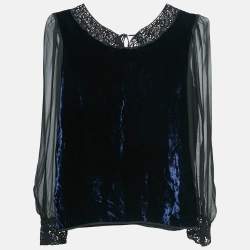 Pre Owned D&G Blue Lace Trim Velvet and Silk Blouse S