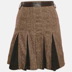 D&G Brown Wool and Leather Trim Pleated Mini Skirt S