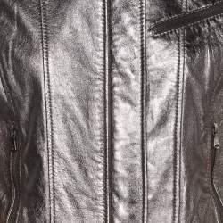 Pre Owned D&G Metallic Silver Leather Zipped Jacket M