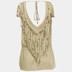 Pre Owned D&G Khaki Cotton & Suede Fringe Detail Sleeveless Top M 