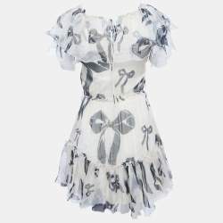 Pre Owned D&G Cream Bow Print Silk Ruffle Mini Dress S