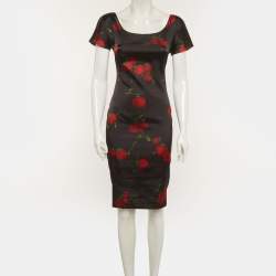 Pre Owned D&G Black Fruits Print Satin Sheath Dress M