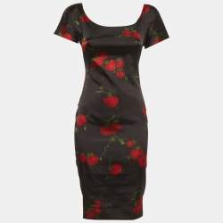 Pre Owned D&G Black Fruits Print Satin Sheath Dress M