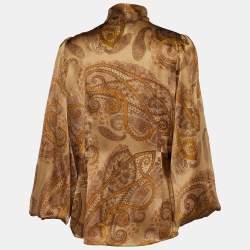 Pre Owned D&G Brown Paisley Print Silk Satin Ruffled Blouse M