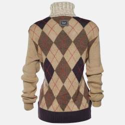 D&G Brown Argyle & Chunky Knit Turtleneck Sweater XL