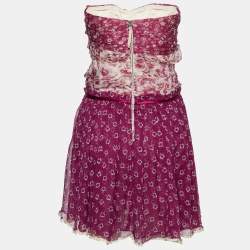 Pre Owned D&G Purple Floral Printed Silk Chiffon Tie Detail Strapless Mini Dress S