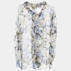 Pre Owned D&G Grey & Blue Floral Printed Silk Ruffled Shirt L