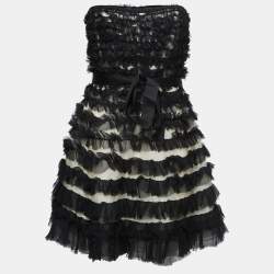 D&G Black Silk Ruffled Belted Strapless Mini Dress M