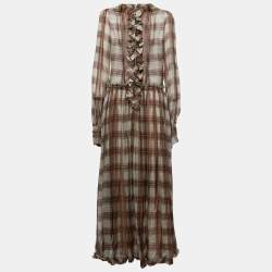 D&G Grey Checked Chiffon Silk Ruffled Tiered Maxi Dress M