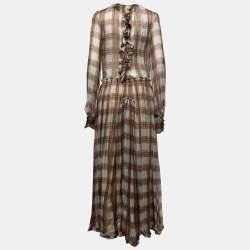 D&G Grey Checked Chiffon Silk Ruffled Tiered Maxi Dress M