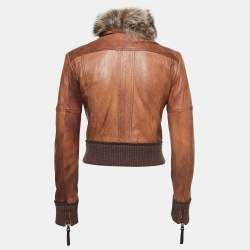Pre Owned D&G Brown Leather Fur Collar Bomber Jacket S