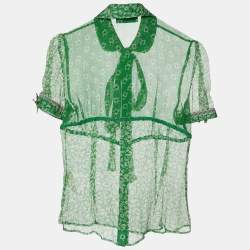 Pre Owned D&G Green Floral Printed Silk Neck Tie Detail Top M