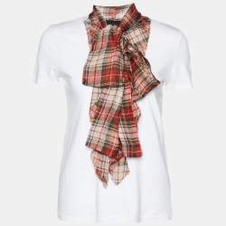 D&G White Silk Scarf Trim Cotton Buttoned T-Shirt S