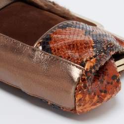 D&G Brown Snakeskin Embossed Leather And Suede Floral Applique Clutch