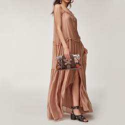 D&G Brown Snakeskin Embossed Leather And Suede Floral Applique Clutch