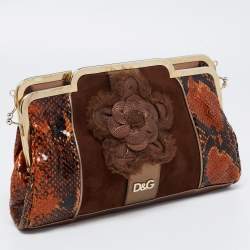 D&G Brown Snakeskin Embossed Leather And Suede Floral Applique Clutch