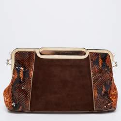 D&G Brown Snakeskin Embossed Leather And Suede Floral Applique Clutch