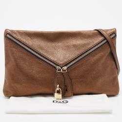 D&G Metallic Brown Leather Lock Envelope Zip Shoulder Bag