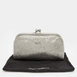 Pre Owned D&G Metallic Silver Leather Embellished Leather Clutch