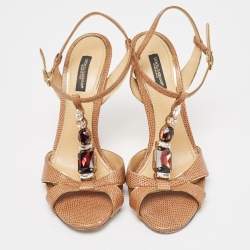 Dolce & Gabbana Brown Lizard Embossed Ankle Strap Sandals Size 38.5